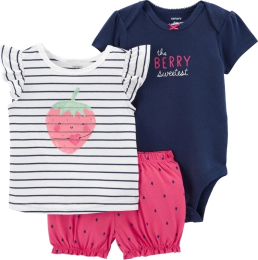 Carter's σετ 3 τεμαχίων για μωρό Strawberry Stripes – κορμάκι, μπλουζάκι και σορτσάκι
