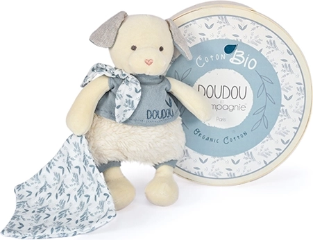 Σετ δώρου Doudou - Λούτρινο σκυλάκι με κουβερτούλα από βιολογικό βαμβάκι 22 cm