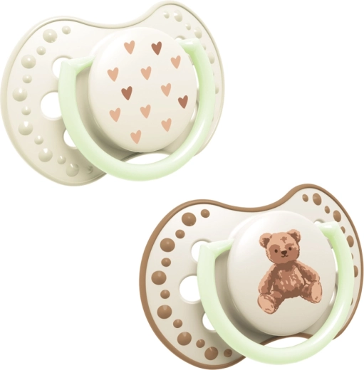 Δυναμική φωσφορίζουσα πιπίλα σιλικόνης LOVI Teddy love 18m+ (2 τεμ.)