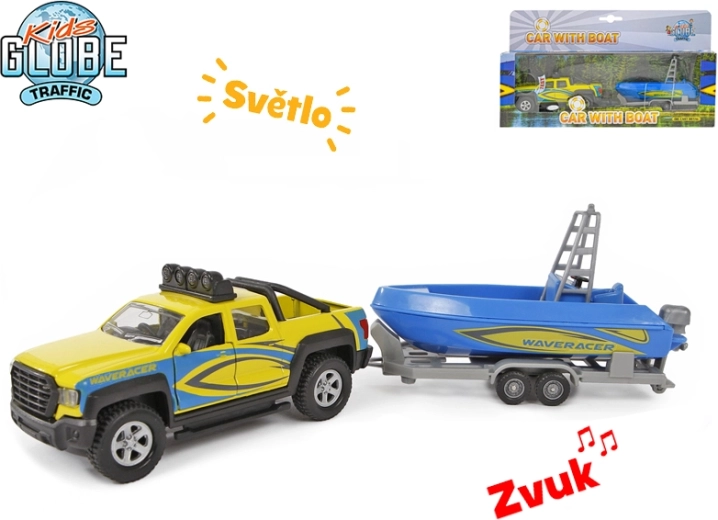 Kids Globe Traffic τράκτορας με βάρκα 27 cm, μεταλλικό μοντέλο με φως και ήχο