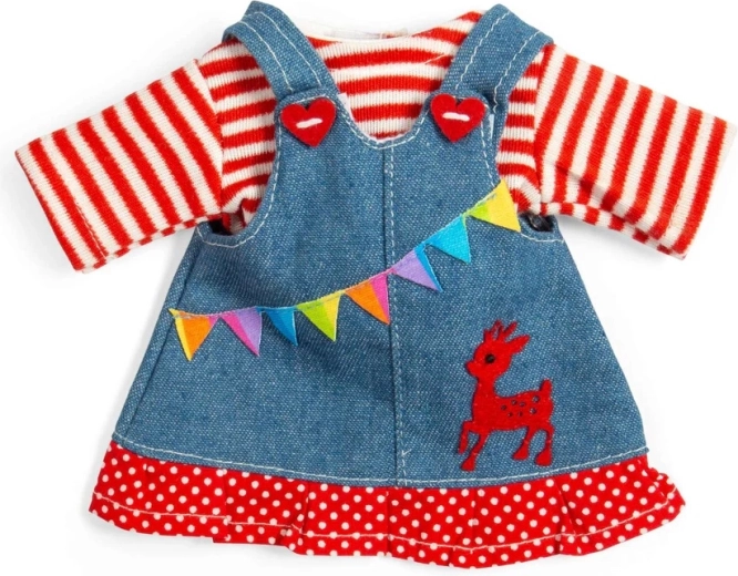 Bigjigs Toys τζιν φόρεμα με τιράντες και ριγέ μπλουζάκι για κούκλα 28 cm