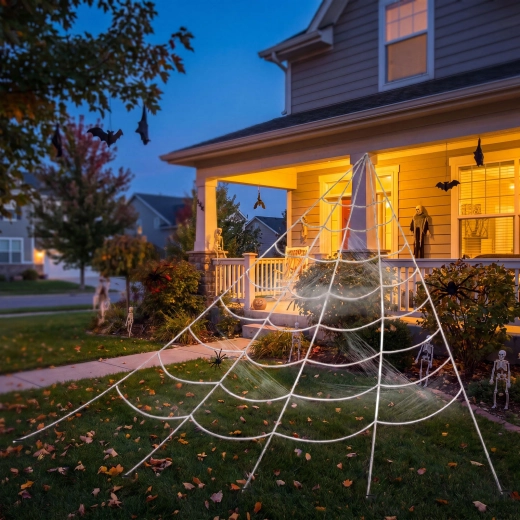 Μεγάλος ιστός αράχνης για το Halloween από λευκό σενίλ, 5 × 4,8 m, με πασσαλάκια στερέωσης