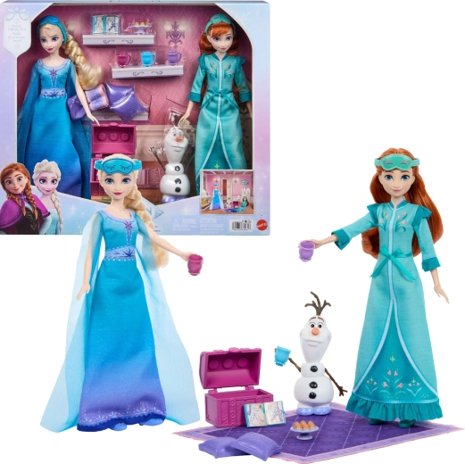 Mattel Disney Frozen Πάρτι πιτζάμας – σετ κουκλών Άννα και Έλσα με τον Όλαφ και αξεσουάρ