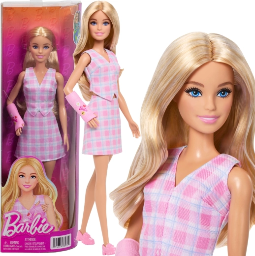 Κούκλα Barbie Fashionistas με ροζ καρό σετ και ροζ νάρθηκα στο χέρι