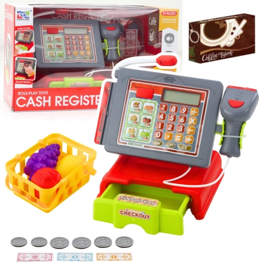 Παιδική ταμειακή μηχανή με αξεσουάρ, καλαθάκι και φρούτα – φώτα και ήχοι, κόκκινη