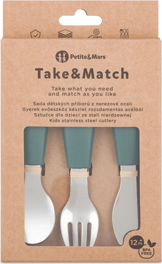 Petite&Mars σετ παιδικών μαχαιροπίρουνων από ανοξείδωτο ατσάλι Take&Match misty green 12m+