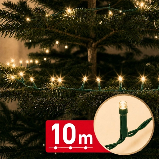Φωτεινή γιρλάντα LED 10 m με 200 LED, θερμό λευκό φως, πράσινο καλώδιο