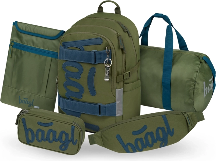 Σετ BAAGL 5 Skate Olive – σχολικό σακίδιο, κασετίνα, αθλητική τσάντα, τσαντάκι μέσης και θήκη για φορητό υπολογιστή με πιστοποίηση GRS