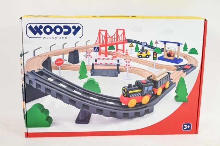 Ξύλινη σιδηροδρομική πίστα Woodyland με ηλεκτρική μηχανή και γέφυρα