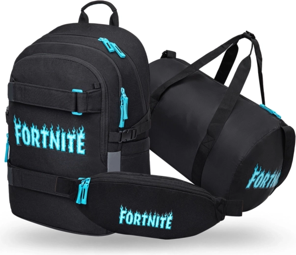 Σετ Baagl Fortnite blue – σχολικό σακίδιο Skate, αθλητική τσάντα Hoop και τσαντάκι μέσης Snap