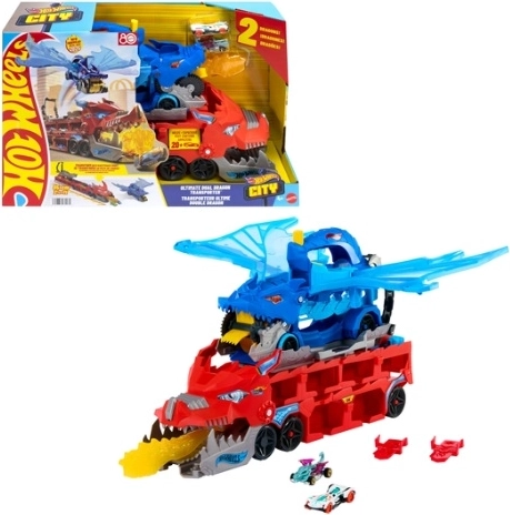 Hot Wheels City διπλός δράκος-μεταφορέας με πίστα αυτοκινήτων και 2 αυτοκινητάκια