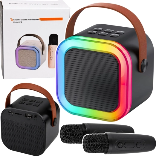 Ασύρματο σετ καραόκε K12 – ηχείο Bluetooth με δύο μικρόφωνα και φώτα LED (μαύρο)