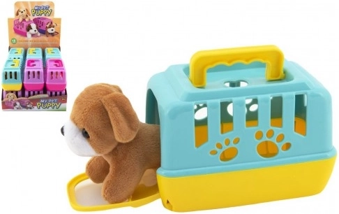 Λούτρινο σκυλάκι σε φορητό κουτί