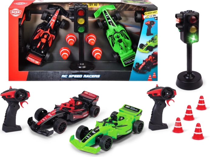 Dickie RC Speed Racers – σετ δύο αγωνιστικών αυτοκινήτων με τηλεχειριστήριο, φωτεινή σηματοδότηση και κώνους