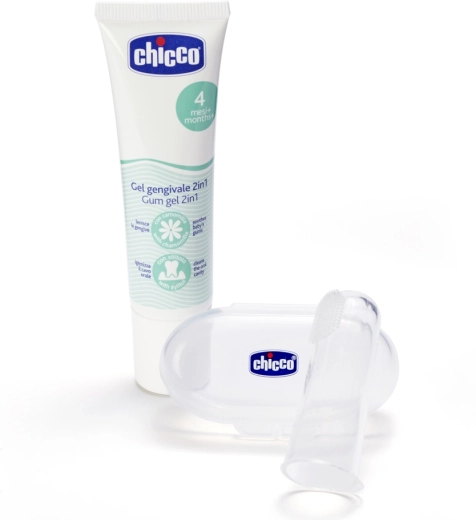 Chicco καταπραϋντικό τζελ για τα ούλα και σιλικονούχα οδοντόβουρτσα-δακτυλήθρα με θήκη για μωρά 4μ+