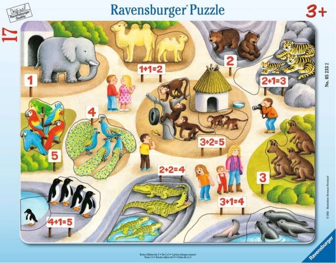 Παζλ Ravensburger Πρώτοι αριθμοί έως το πέντε στον ζωολογικό κήπο, 17 κομμάτια