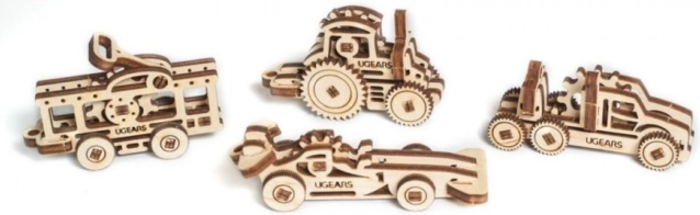 Ugears 3D ξύλινο μηχανικό παζλ – σετ 4 μπρελόκ οχημάτων