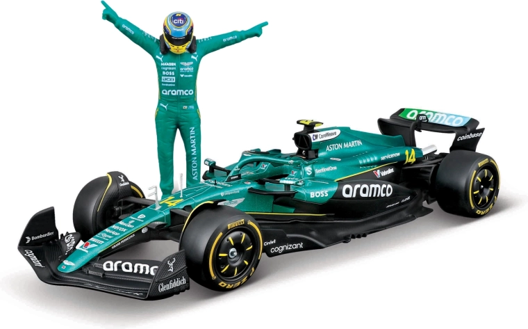 Μοντέλο Formula 1 Bburago Aston Martin AMR25 2025 με φιγούρα οδηγού Fernando Alonso (αρ. 14) 1:24