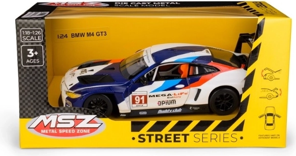 Μοντέλο αγωνιστικού αυτοκινήτου BMW M4 GT3 σε κλίμακα 1:24, μπλε-λευκό