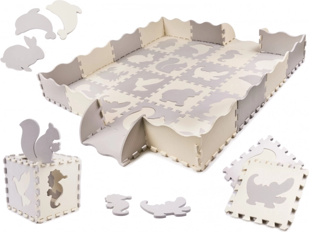 Αφρώδες εκπαιδευτικό παζλ χαλάκι, γκρι και εκρού, 36 κομμάτια, 150 × 150 εκ.