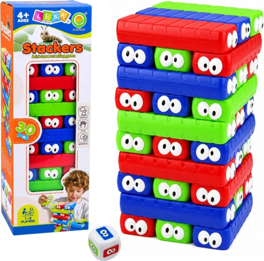Οικογενειακό παιχνίδι δεξιοτεχνίας Stackers – πύργος από χρωματιστούς κύβους με ματάκια (30 τεμ.)