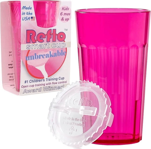 Reflo άθραυστο εκπαιδευτικό ποτηράκι για παιδιά με ρύθμιση ροής, ροζ