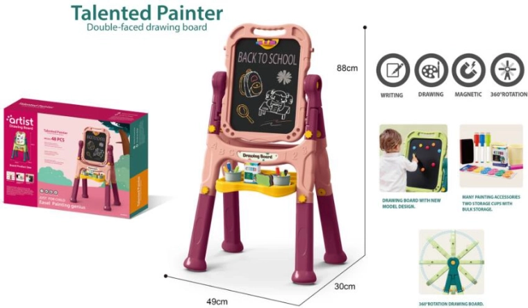 Παιδικός καλλιτεχνικός πίνακας 48 τμχ – ροζ, διπλής όψεως, κιμωλίας και μαγνητικός