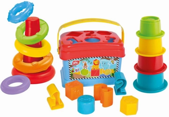 Σετ παιχνιδιού 3 σε 1 - κουτί ταξινόμησης σχημάτων, πυραμίδα δακτυλίων και κυπελλάκια