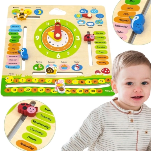 Ξύλινο εκπαιδευτικό ημερολόγιο με ρολόι Viga – Αγγλικά