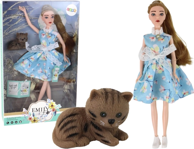 Κούκλα Emily ανοιξιάτικη με μακριά μαλλιά σε μπλε φόρεμα και γατάκι