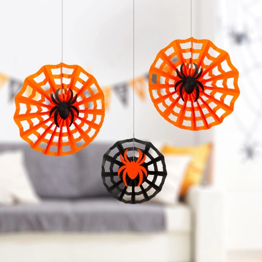 Χάρτινη διακόσμηση Halloween με ιστό αράχνης και αράχνη 30/40 cm - 3 τεμάχια