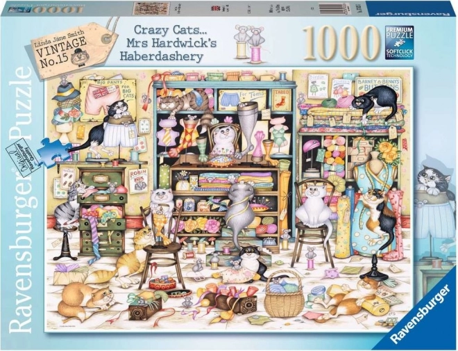 Παζλ RAVENSBURGER Crazy Cats – σκανταλιάρικες γάτες σε κατάστημα ειδών ραπτικής, 1000 κομμάτια