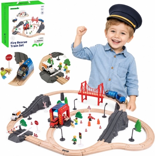Tooky Toy ξύλινη ηλεκτρική σιδηροδρομική πίστα με πυροσβεστικό σταθμό και ηχητικά εφέ, 70 τεμάχια, FSC
