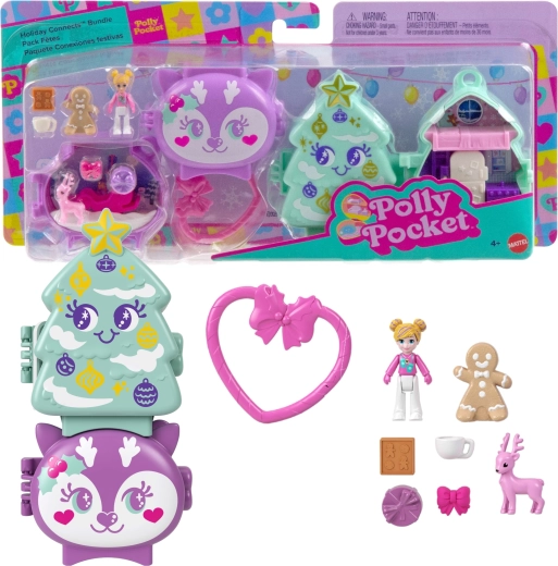 Mattel Polly Pocket χριστουγεννιάτικο συνδεόμενο συμπαγές σετ παιχνιδιού Holiday Connects με δέντρο και τάρανδο – 2 τεμάχια