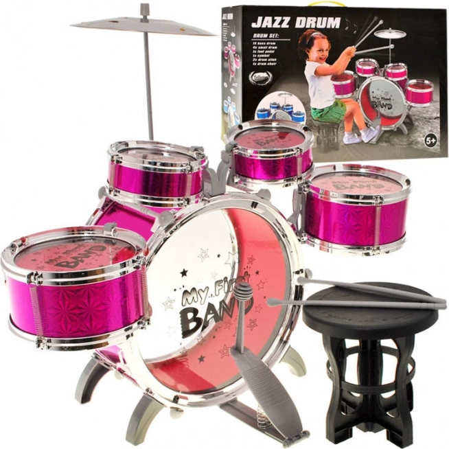 Παιδικό σετ ντραμς 5 τεμαχίων με καρεκλάκι – Ροζ