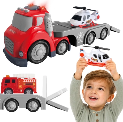 Woopie City Truck πυροσβεστικό όχημα ρυμούλκησης με ελικόπτερο και ηχητικά εφέ