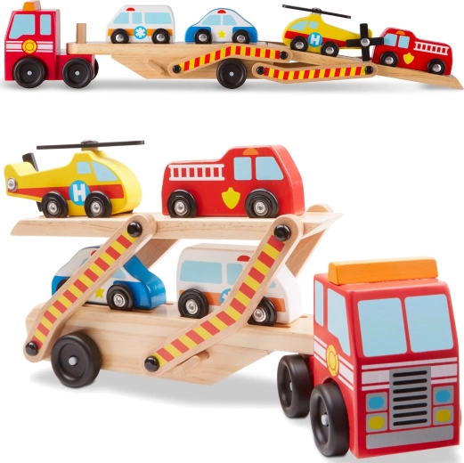 Melissa & Doug ξύλινος μεταφορέας οχημάτων διάσωσης με αυτοκινητάκια (6 τεμάχια)