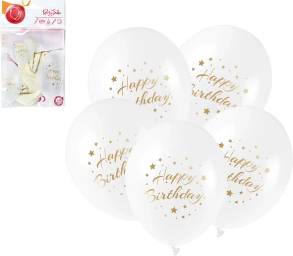 Λαστιχένια μπαλόνια Happy Birthday με χρυσή εκτύπωση 28 cm, 5 τεμ.