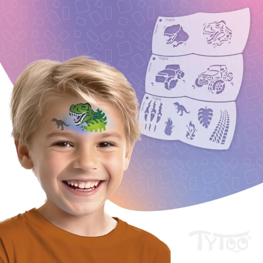 TyToo Mosaic στένσιλ για ζωγραφική προσώπου με δεινόσαυρο και όχημα εκτός δρόμου – 3 τεμάχια