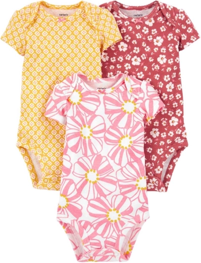 Κοριτσίστικα κορμάκια Carter's με κοντό μανίκι pink/yellow, 3 τεμ. – PRE