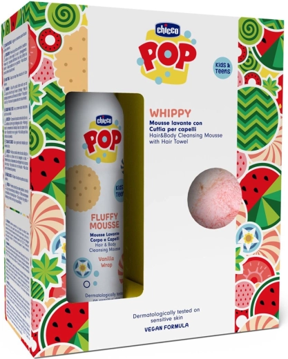 Chicco POP αφρός βανίλιας για σώμα και μαλλιά 2σε1 με πετσέτα για τα μαλλιά 200 ml