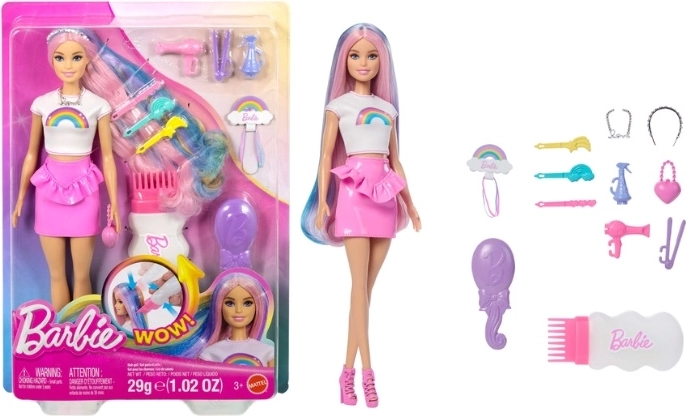 Κούκλα Barbie με μαλλιά σε χρώματα ουράνιου τόξου και λαμπερό styling