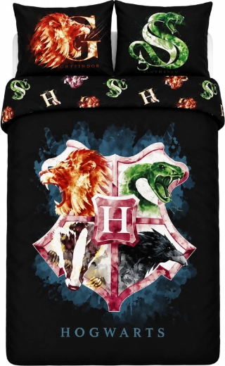 Βαμβακερά κλινοσκεπάσματα Harry Potter με τα εμβλήματα του Χόγκουαρτς, μαύρα 140 × 200 cm