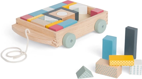 Bigjigs Toys ξύλινο συρόμενο καροτσάκι με κύβους