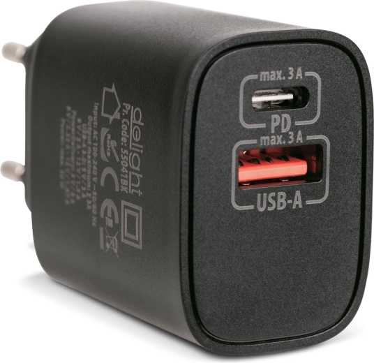 Δικτυακός προσαρμογέας USB-A και USB-C PD 20 W με γρήγορη φόρτιση, μαύρος