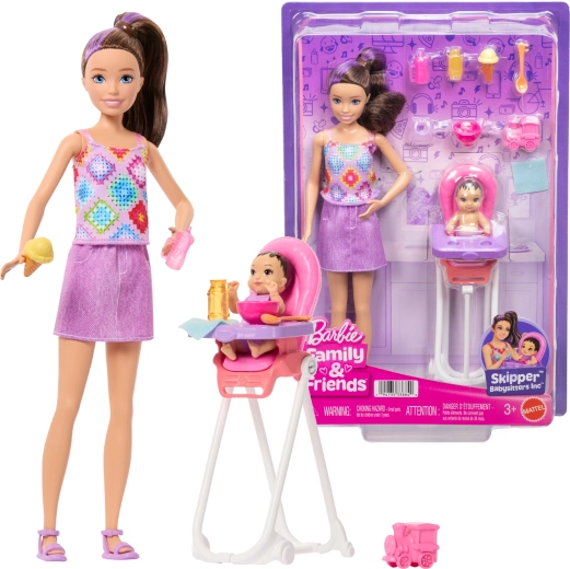 Κούκλα Barbie Skipper μπέιμπι σίτερ με μωρό και παιδικό καρεκλάκι φαγητού