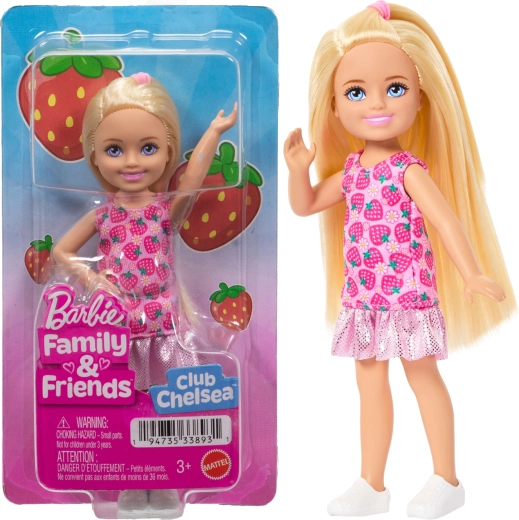 Barbie Club Chelsea ξανθιά με φραουλένιο φόρεμα 14 cm