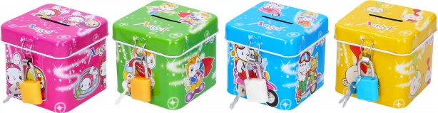 Μεταλλικός κουμπαράς με κλειδαριά, κύβος 6,5 × 6 cm, πολλαπλά χρώματα