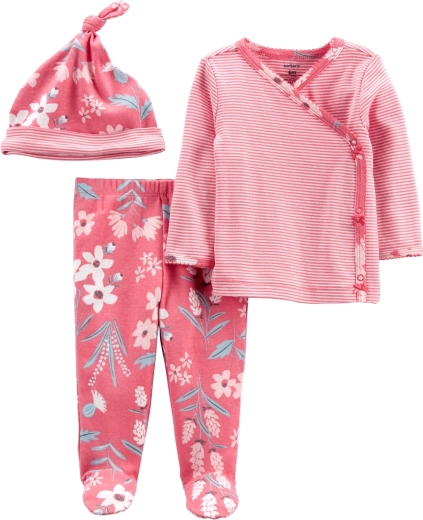 Carter’s σετ για κορίτσι Pink Flower – κρουαζέ μπλουζάκι με μακρύ μανίκι, παντελονάκι με κλειστό ποδαράκι και σκουφάκι
