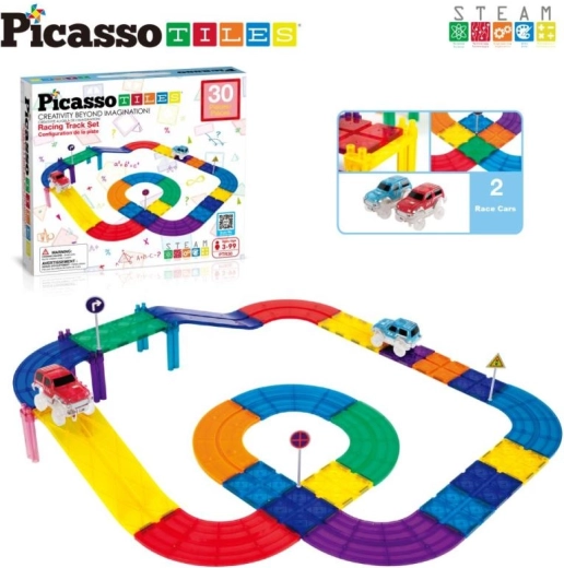 PicassoTiles μαγνητικό σετ κατασκευών αγωνιστικής πίστας με αυτοκινητάκια (30 τεμ.)